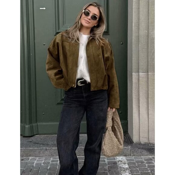 Women's Faux Suede Bomber Jacket Oversized Long Sleeve Zip Up Cropped Brown - Picture 4 of 5